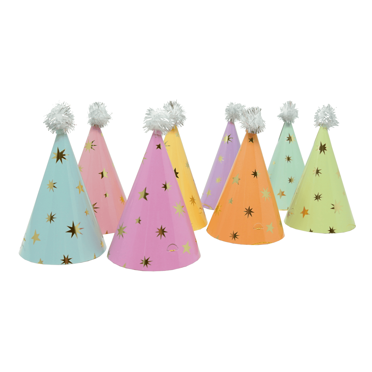 Set of 8 mini pastel party hats by Party Partners, colorful cone-shaped party hats perfect for celebrations and parties.