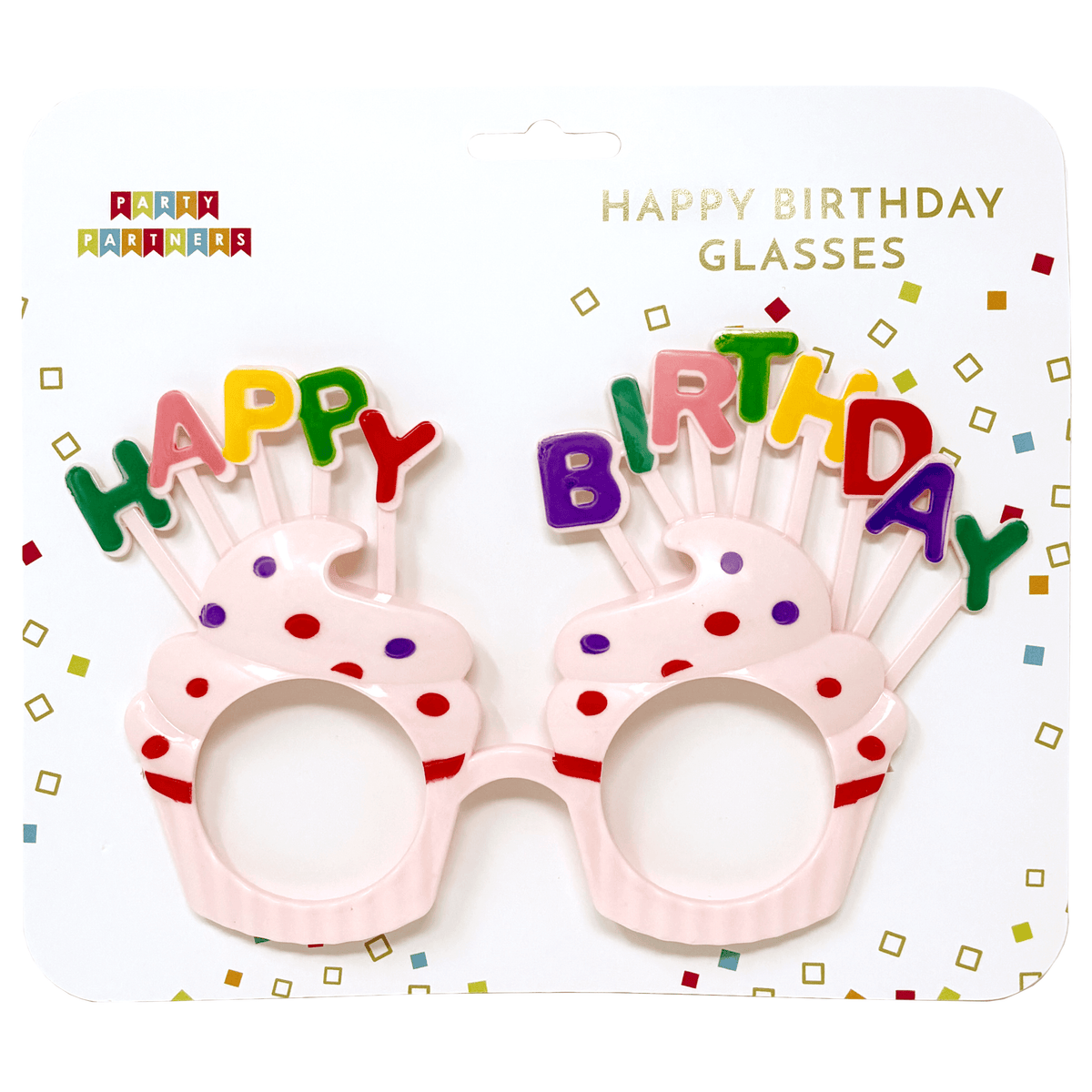 Party Partners Happy Birthday glasses featuring colorful birthday-themed design, perfect for celebrating special occasions.