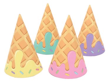 Colorful ice cream cone party hats by Pictura, featuring playful cone and scoop designs perfect for celebrations and themed parties.