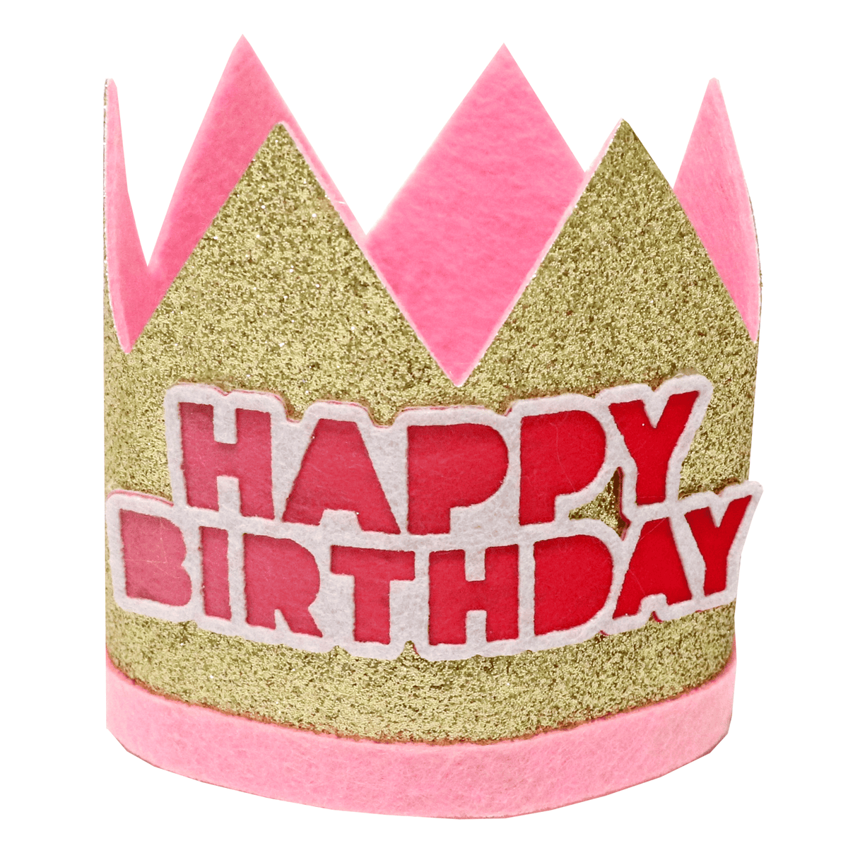 Pink felt birthday crown party hat with decorative embellishments, perfect for celebrations by JOYFUL LANDS CRAFT CO., LTD.