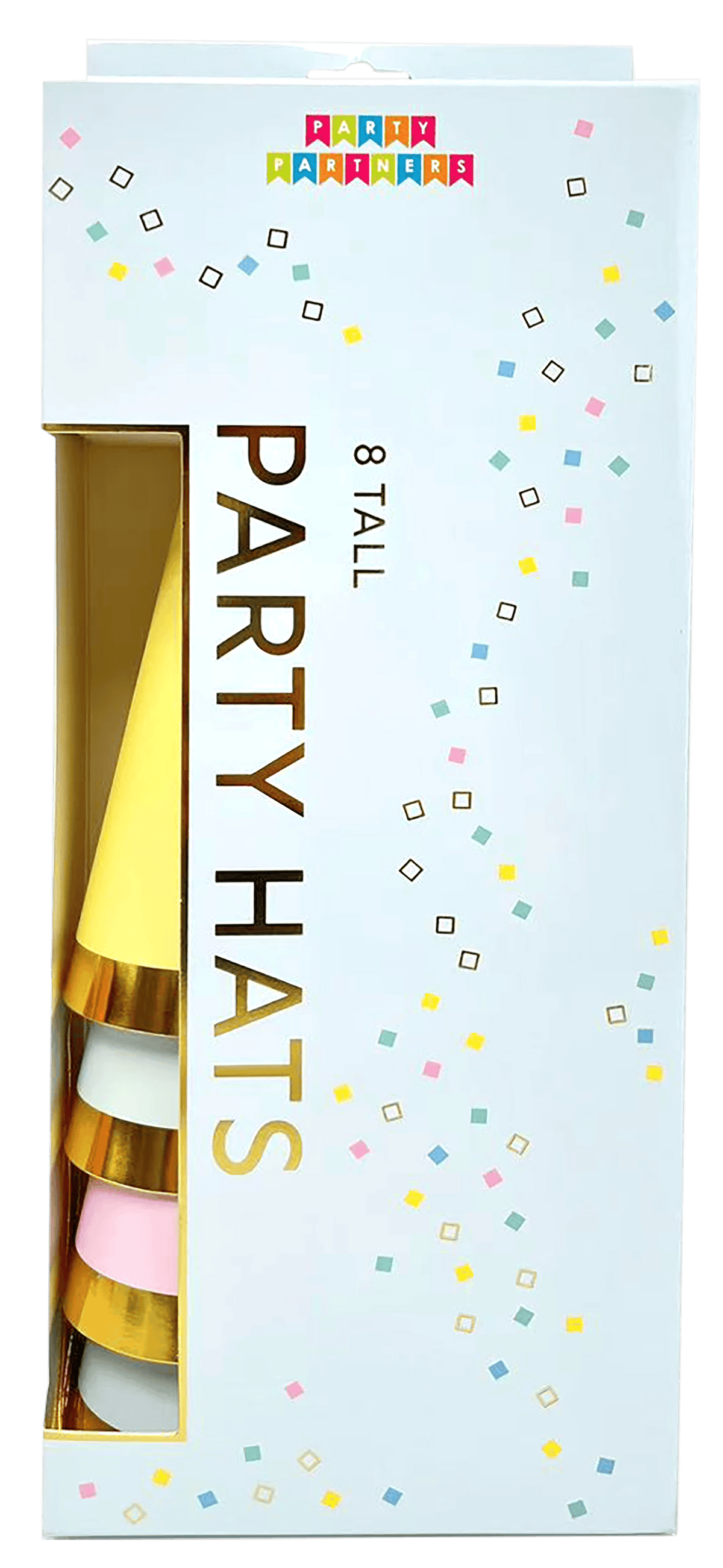 Colorful tall mini party hats by Pictura, decorated with vibrant patterns, perfect for festive celebrations and parties.