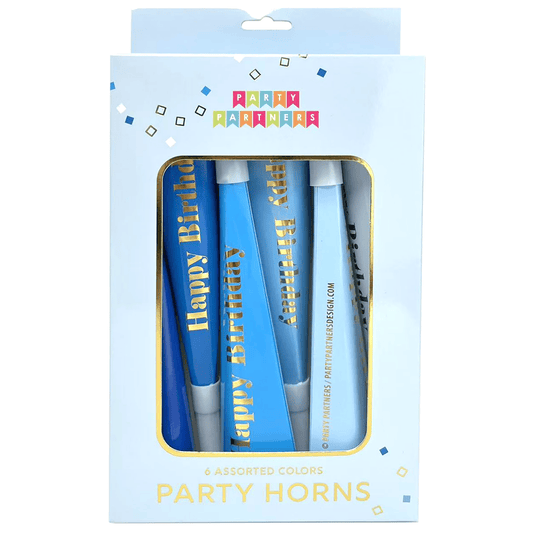 Blue Happy Birthday scalloped striped Tooters by Pictura, featuring colorful, wavy striped design for birthday celebrations.