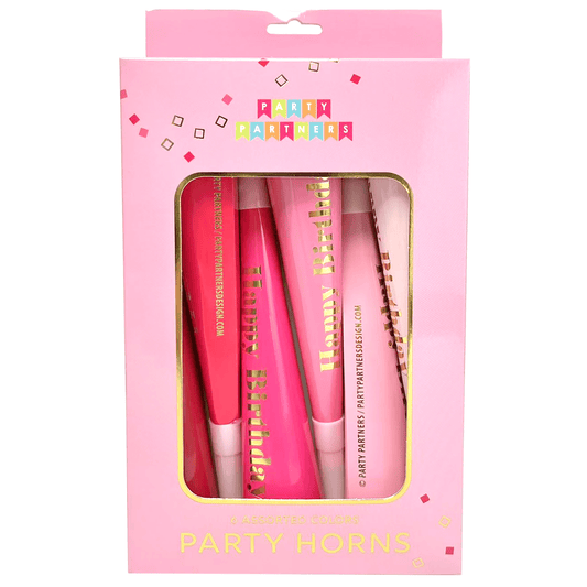 Pink scalloped striped Tooters birthday party decorations by Pictura, featuring colorful, festive paper banners with a cheerful design.