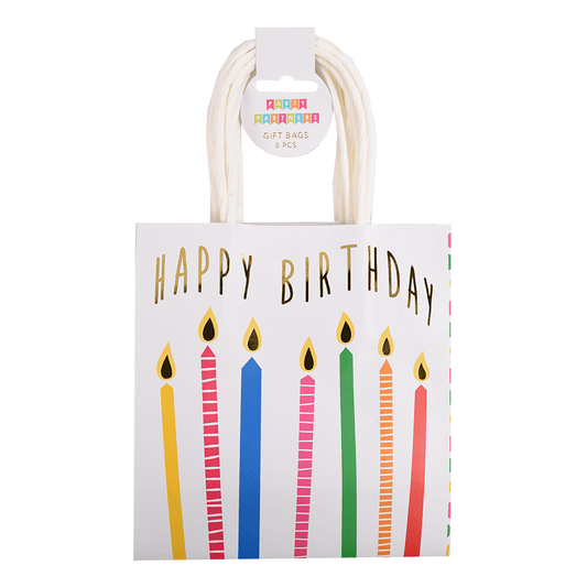 Party Partners gift bags featuring colorful birthday candles design, perfect for wrapping birthday presents and celebrations.