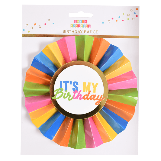 Colorful paper badge with rainbow "Happy Birthday" text, featuring paper glasses and wand accessories by Cardmore.