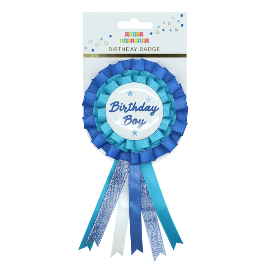 Blue birthday boy badge with paper glasses and wand accessories from Party Partners, perfect for celebration events.