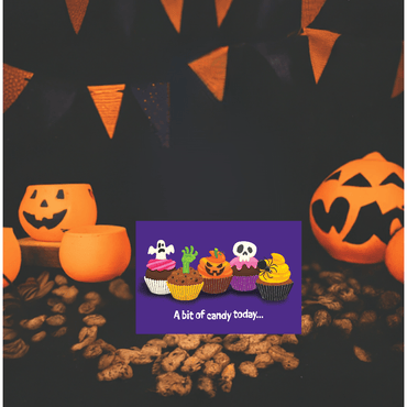 Spooky Cupcakes Halloween Card by Pictura featuring illustrated cupcakes with Halloween-themed decorations.