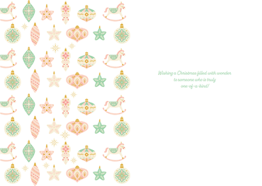 Delicate Pictura Christmas card featuring seasonal ornaments and a special girl illustration, perfect for holiday greetings.