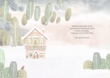 Pictura House in the Woods Christmas card featuring a cozy winter scene with a house surrounded by trees for the holiday season.