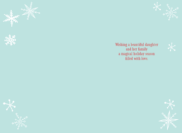 Pictura Most Wonderful Time Christmas card featuring a festive holiday scene with daughter and husband illustrations.
