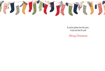 Pictura Christmas card featuring bunches of stockings, designed for grandson, with festive seasonal holiday imagery.