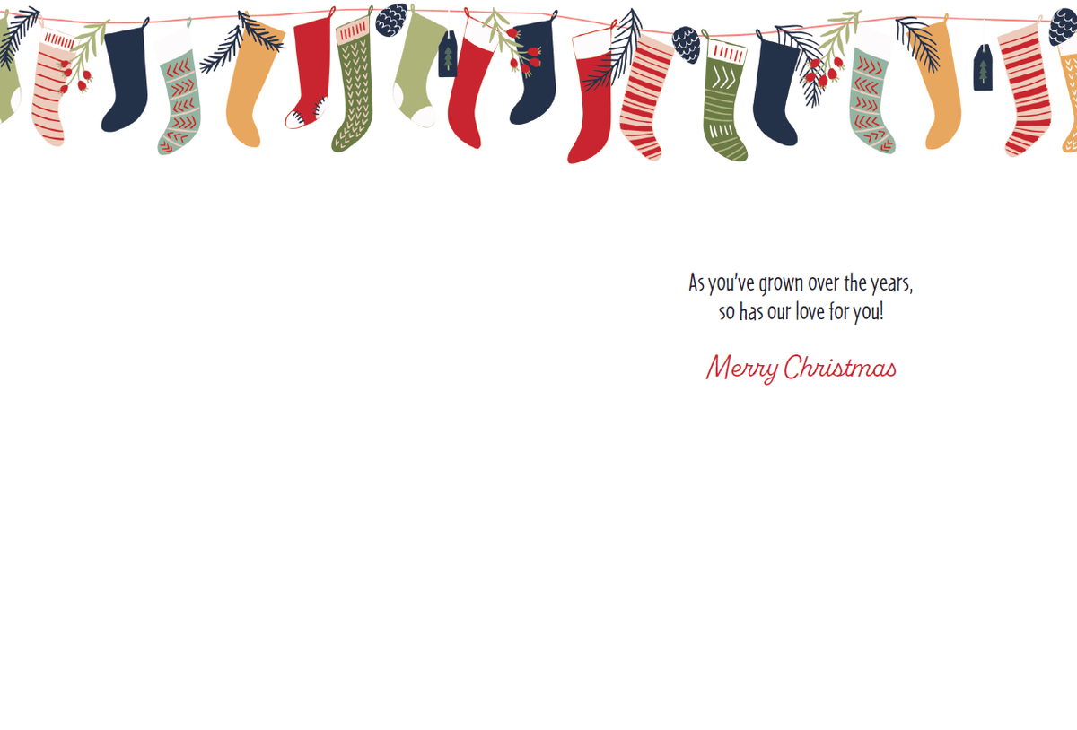 Pictura Christmas card featuring bunches of stockings, designed for grandson, with festive seasonal holiday imagery.