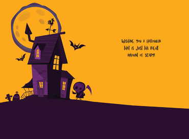 Full Moon House Halloween card by Pictura featuring a spooky house under a full moon with Halloween-themed details.