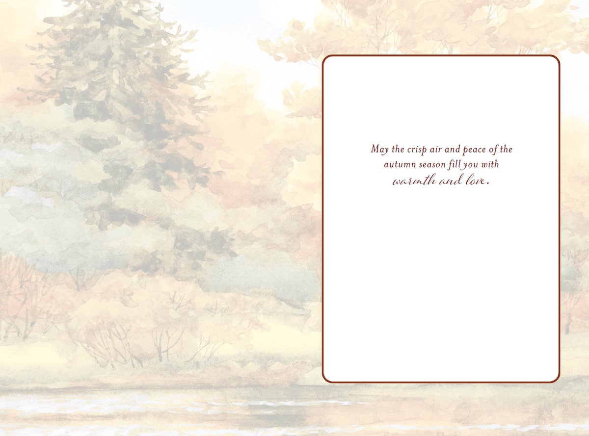 Autumn Lakeside Thanksgiving card by Pictura featuring fall leaves and a scenic lakeside scene for holiday greeting.