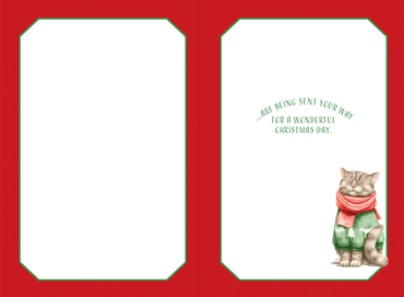 Cute cat wearing a sweater on a Christmas card by Pictura, festive seasonal greeting with holiday-themed design.