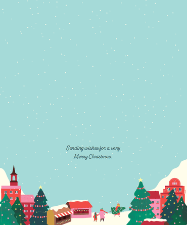 Pictura Village Scene Christmas Card featuring a festive winter village with decorated houses and snow-covered landscape.