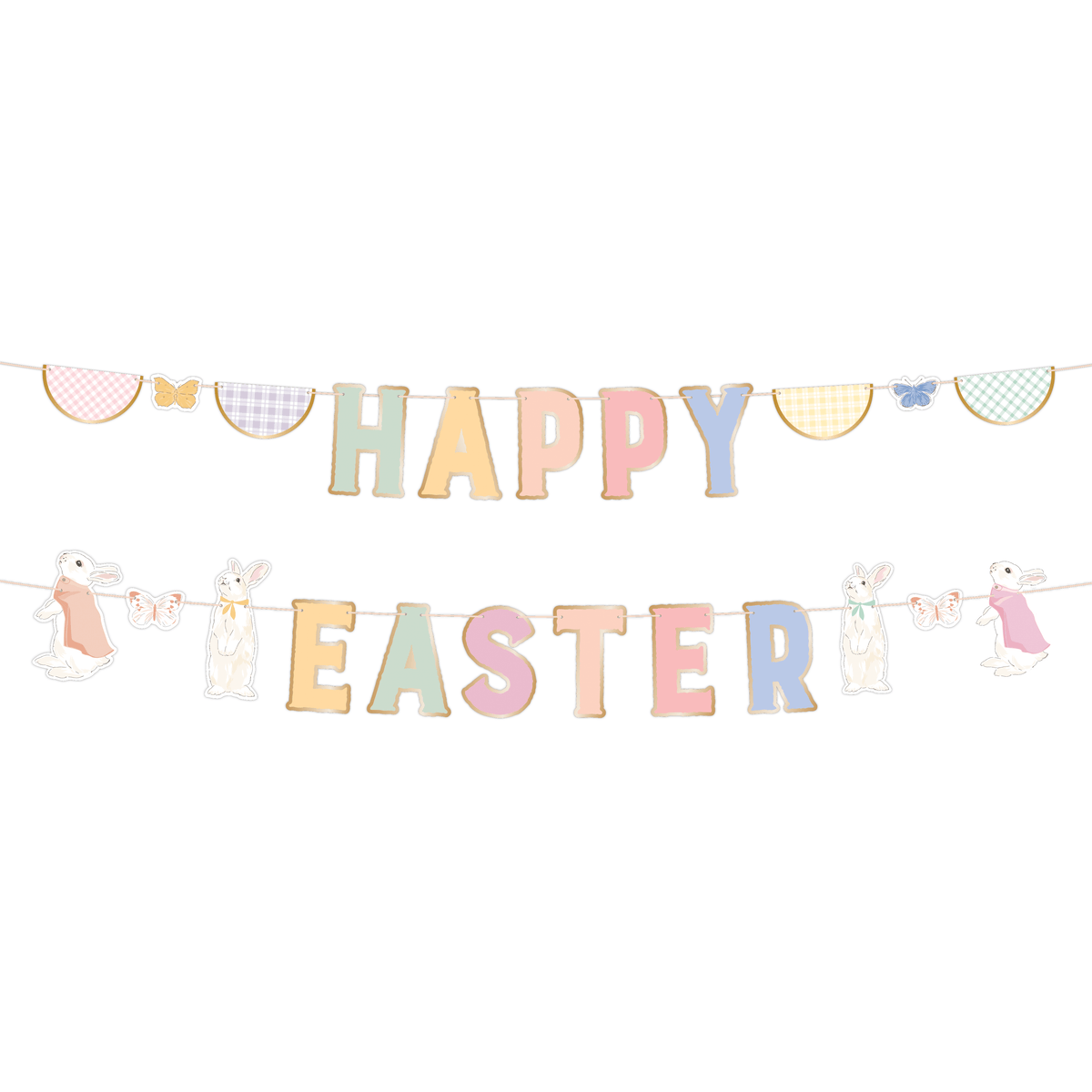 Colorful Easter banner garland with festive decorations and images of spring eggs and bunnies for seasonal celebration.