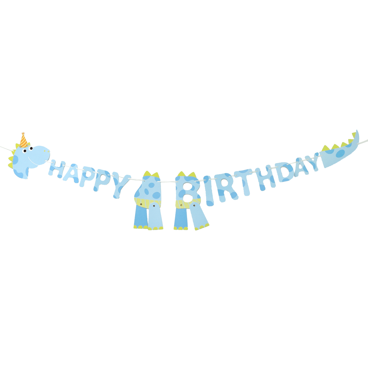 Colorful Dino Happy Birthday banner garland by Cardmore with playful dinosaur and birthday message, perfect for party decorations.