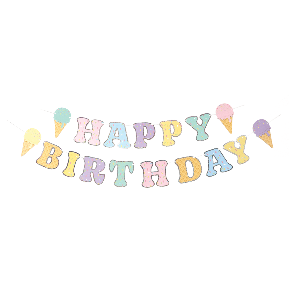 Colorful Happy Birthday ice cream banner garland with cheerful letters and ice cream images, perfect for birthday celebrations.