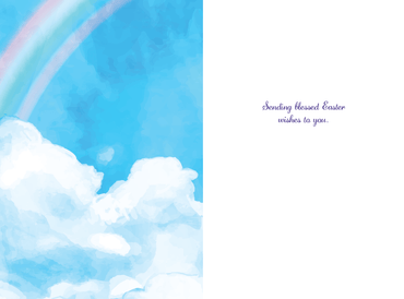 Religious Easter card by Pictura featuring a rainbow in a blue sky with festive Easter designs and symbols.