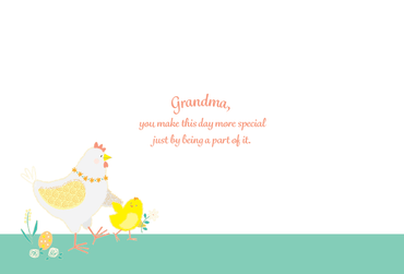 Pictura Easter card featuring a hen and chick design, perfect for grandmother's Easter greeting, with colorful illustrations.
