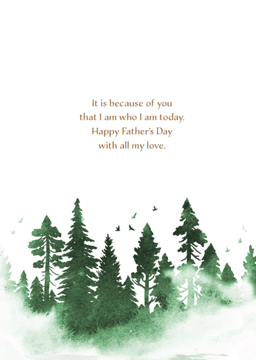 Father's Day card featuring a deer in a forest scene from Omega Industry Co., LTD, with detailed nature imagery and forest background.