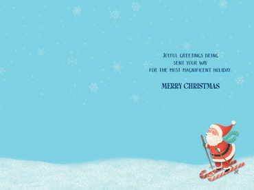 Seasonal Christmas card featuring a Santa skiing, with festive holiday design by Pictura, perfect for holiday greetings.