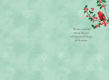 Seasonal Christmas card featuring cardinal bird and poinsettia flowers by Pictura, with festive holiday design and vibrant colors.