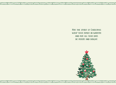 Pictura Tiny Tree Christmas Card featuring daughter and husband illustrations, festive seasonal greeting card design.