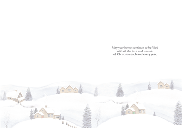 Seasonal Christmas card featuring a house on a hill, with daughter and husband illustrations, by Pictura.
