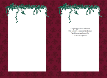 Pictura seasonal Christmas card featuring a fireplace mantel with son and family, festive holiday decor and warm family gathering scene