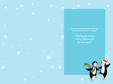 Seasonal Christmas card featuring skiing penguins by Pictura, with festive holiday design perfect for sending seasonal greetings.