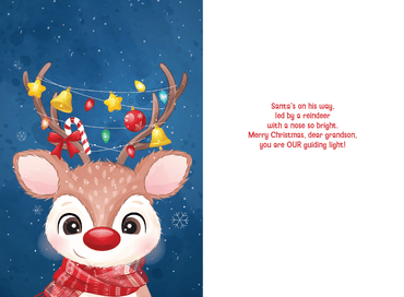 Cute reindeer Christmas card from Pictura featuring festive seasonal design for grandson, with cheerful holiday imagery.