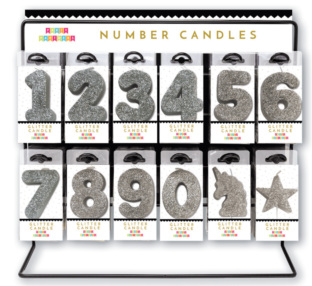 Silver glitter candle from Party Partners, 3-inch tall decorative candle with a shiny, festive appearance.