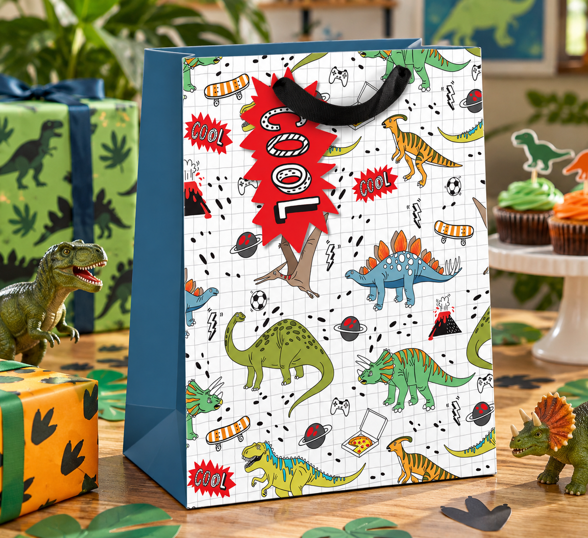 Colorful dinosaur-themed gift bag in medium size from AB PICTURA, featuring playful dinosaur illustrations for parties or gifting.