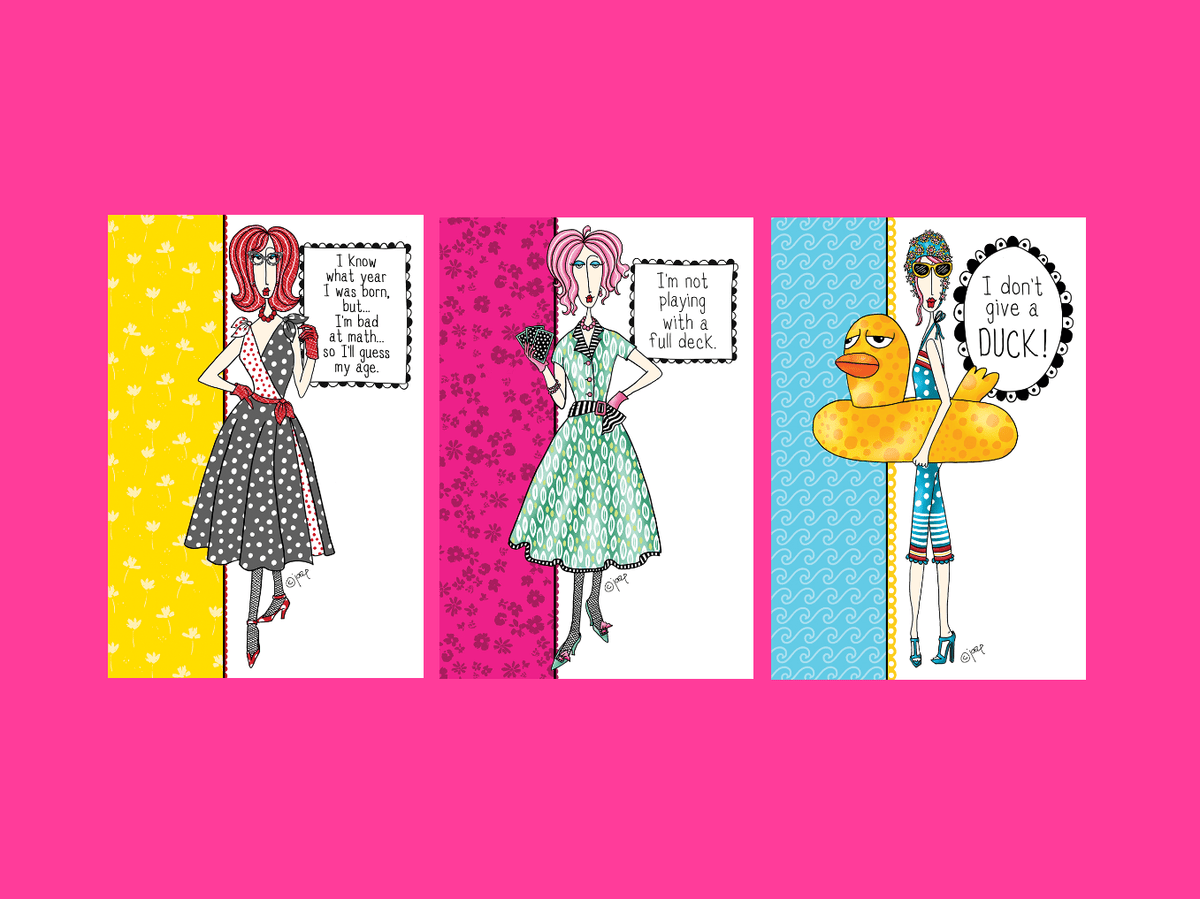 Full deck of Dolly Mamas birthday cards by Pictura, featuring colorful, playful designs on the front of each card.