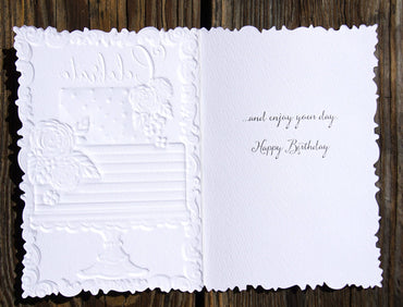 Celebrate Cake Birthday Card from Sienna's Garden by Pictura, featuring colorful cake illustration on an elegant greeting card.