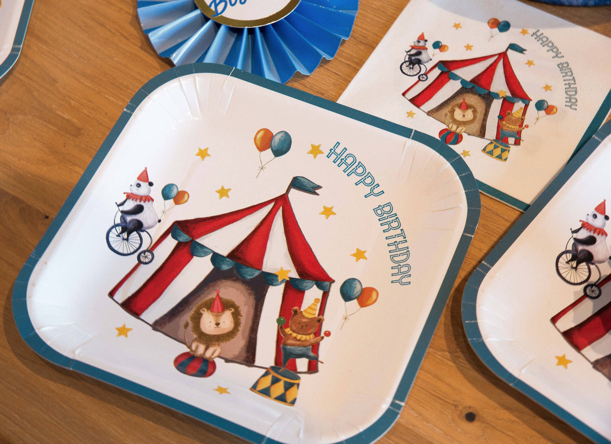 Set of 8 Circus Square Plates by Party Partners, featuring colorful, decorative party plates with a circus-themed design.