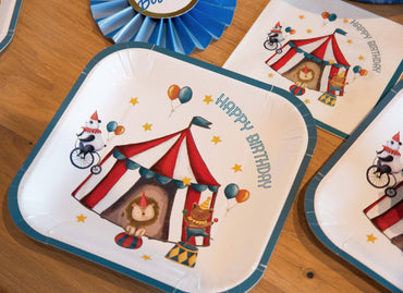Set of 8 Circus Square Plates by Party Partners, featuring colorful, decorative party plates with a circus-themed design.