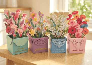 Colorful floral pop-up birthday card from Cardmore featuring beautiful birthday wishes and intricate paper flower details.