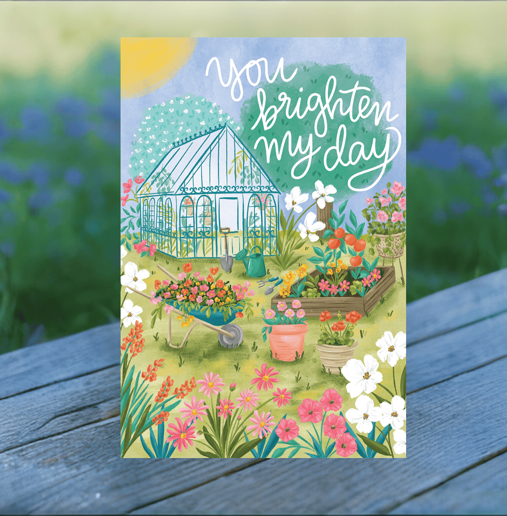 Pictura Brighten My Day birthday card featuring a colorful garden illustration, perfect for celebrating special occasions.