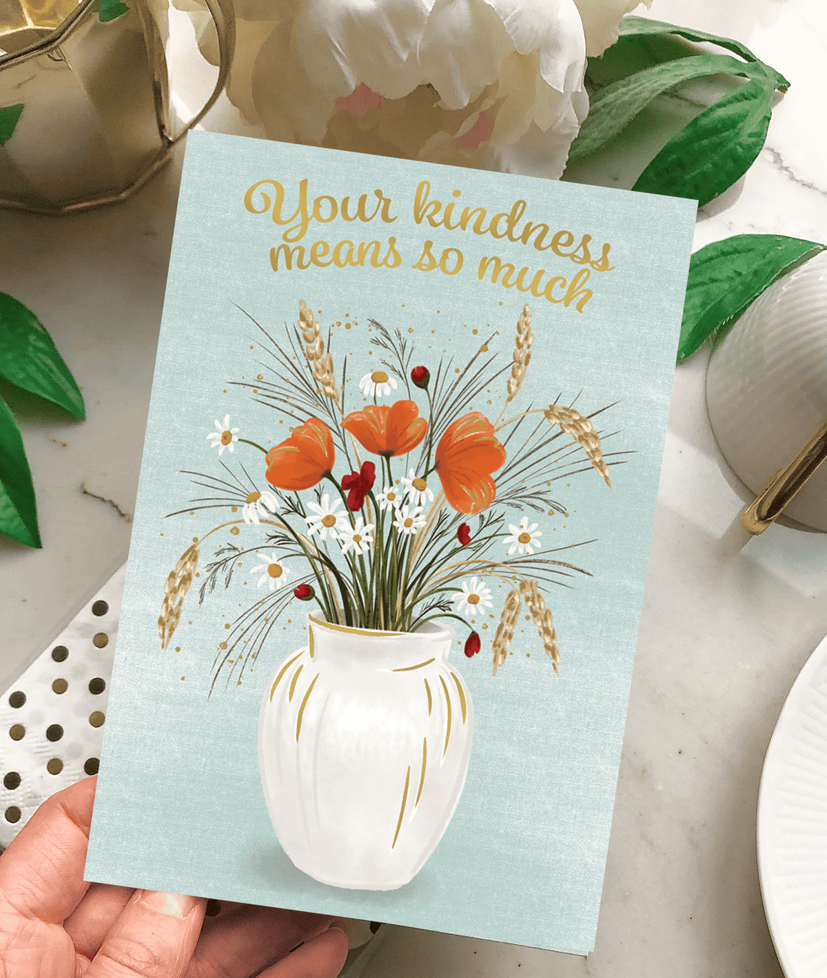 Pictura Poppy Vase Thank You Card featuring a colorful flower illustration on a white background, ideal for expressing gratitude.