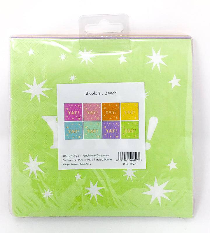 Party Partners YAY! Pastel Din napkins, stack of colorful paper napkins with playful dinosaur design, perfect for celebrations.