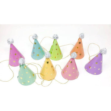 Set of 8 pastel-colored party hats from Party Partners, festive mini hats for celebrations and themed parties.