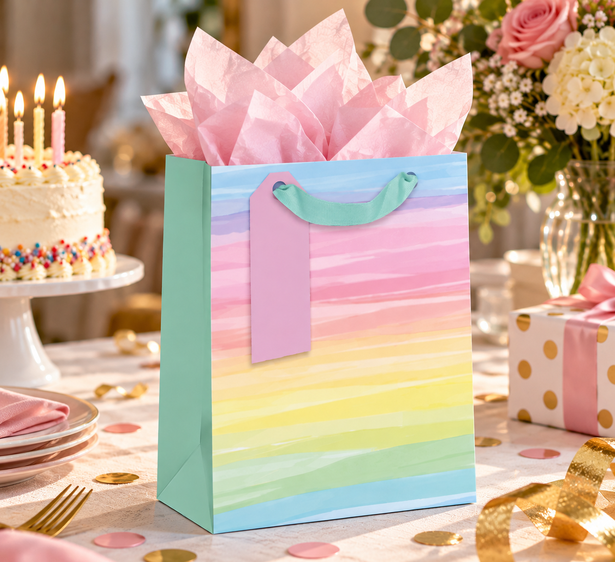 Medium pastel rainbow gift bags by AB PICTURA, featuring colorful rainbow designs on sturdy paper for birthday gift packaging.