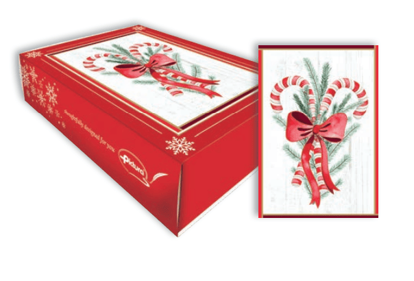 Boxed Christmas note cards featuring candy cane illustrations by Pictura, perfect for holiday greetings and festive correspondence.