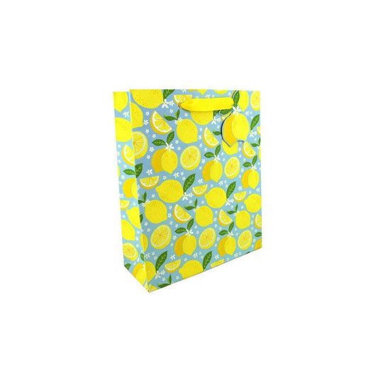 Large gift bag with lemon print by Love Vivid, featuring bright yellow lemons on a white background for gift presentation.