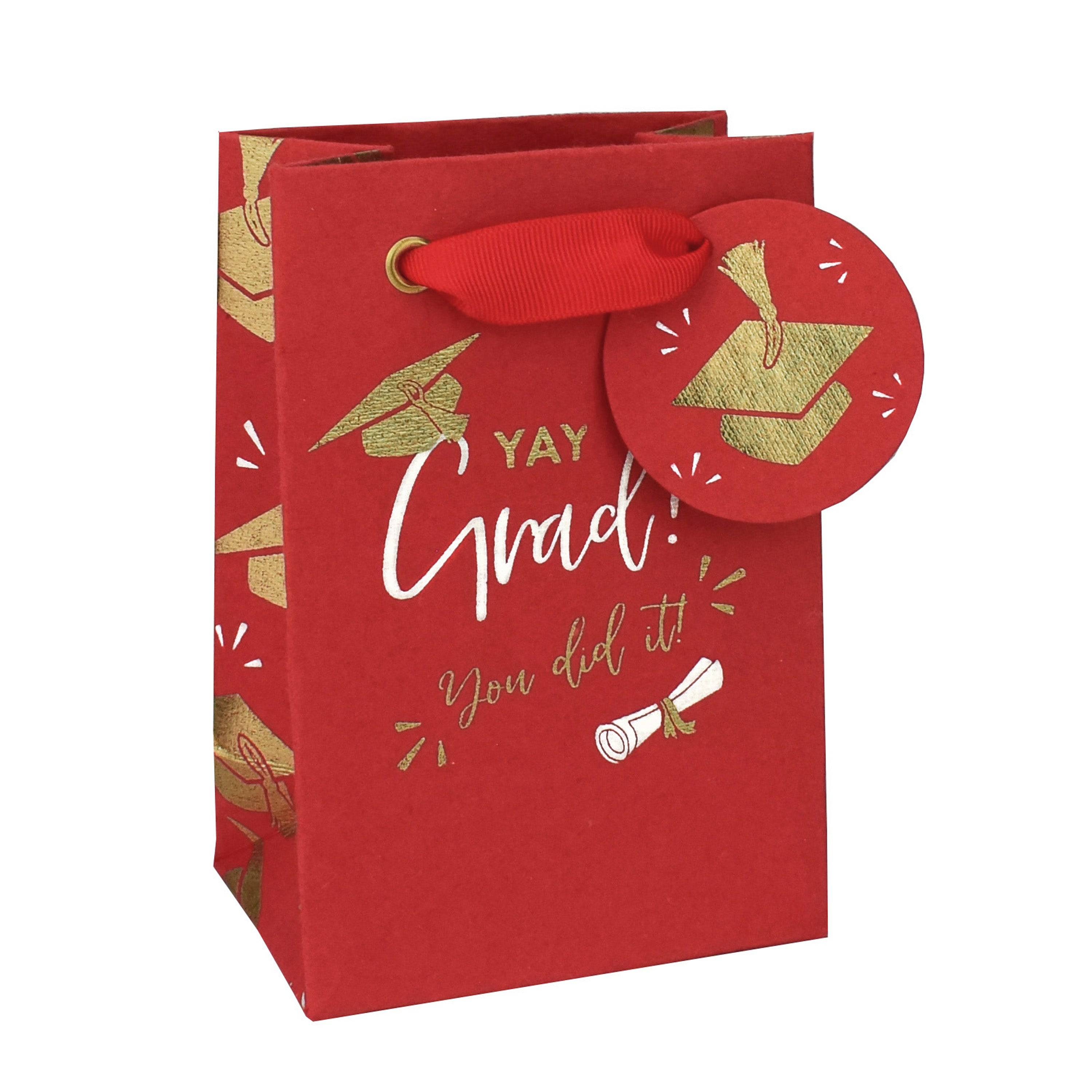Yay Grad small gift bag by Love Vivid featuring festive graduation design with cheerful colors and celebratory message.