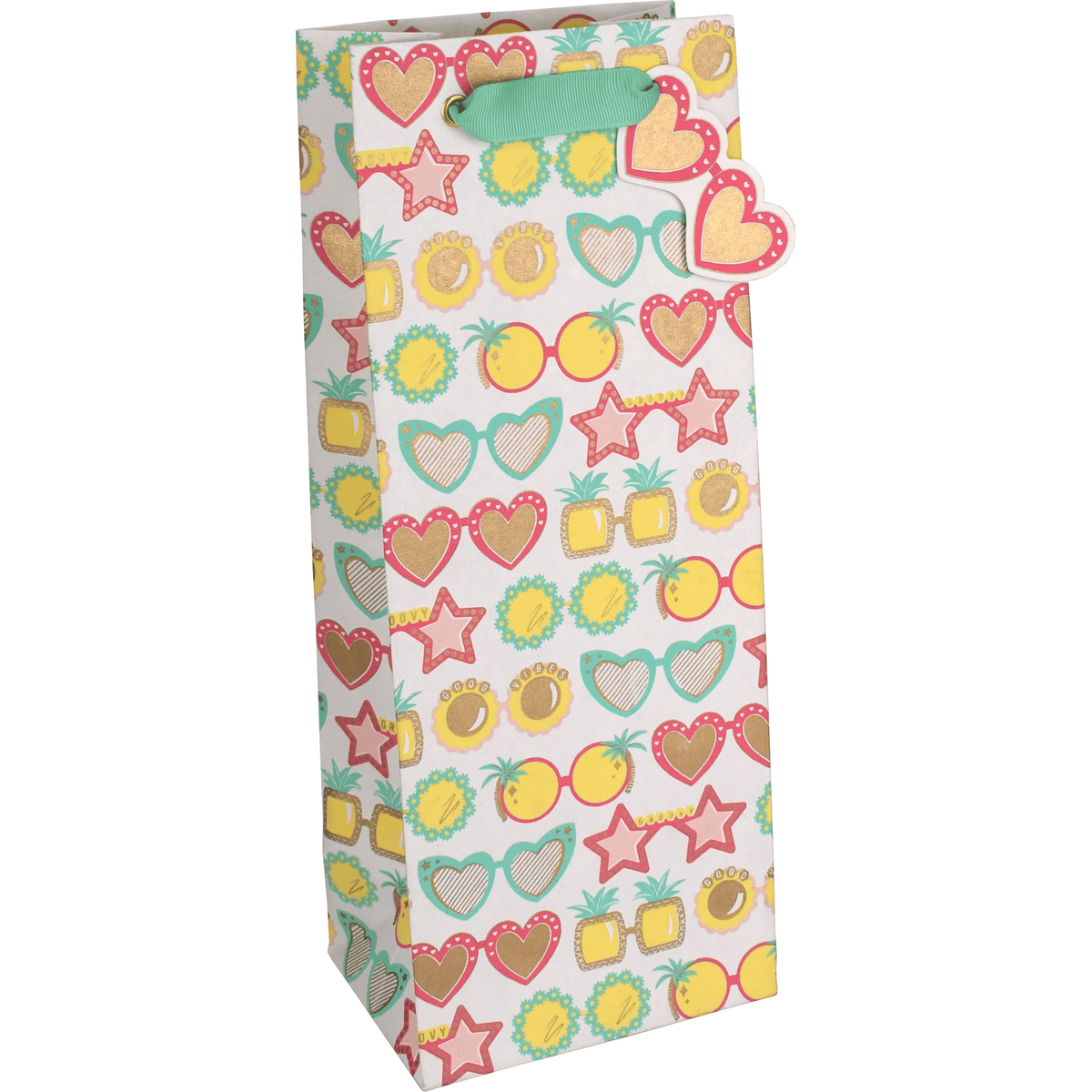 Bright summer-themed gift bag featuring sunglasses and bottle illustrations by Pictura, ideal for summer gift packaging.