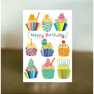 Colorful cupcakes birthday card by Pictura featuring vibrant cupcake illustrations on a cheerful greeting card.